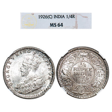 George V, Silver, 1/4 Rupee, 1926, Calcutta Mint, No dot. F. Prid 449. GK 1094. NGC Slabbe