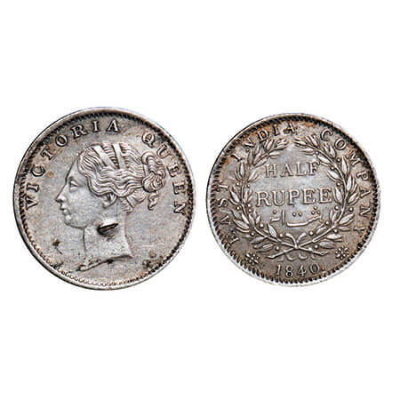 Victoria Queen, Silver, Half Rupee, 1840, CL, Calcutta Mint, B/I, Wreath with 19 Berries (