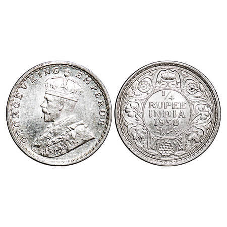 George V, Silver, 1/4 Rupee, 1930, Calcutta Mint, No dot. F. Prid 451. GK 1097. Uncirculat