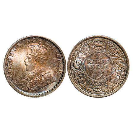 George V, Silver, 1/4 Rupee, 1934, Calcutta Mint, No dot. F. Prid 452. GK 1098. Mint State