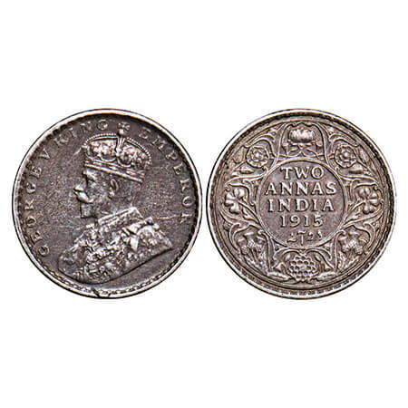 George V, Silver, 2 Annas, 1915, Calcutta Mint, No dot. F. Prid 568. GK 1114. Extremely Fi