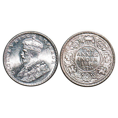 George V, Silver, 2 Annas, 1916, Calcutta Mint, No dot. F. Prid 569. GK 1116. Mint State. 