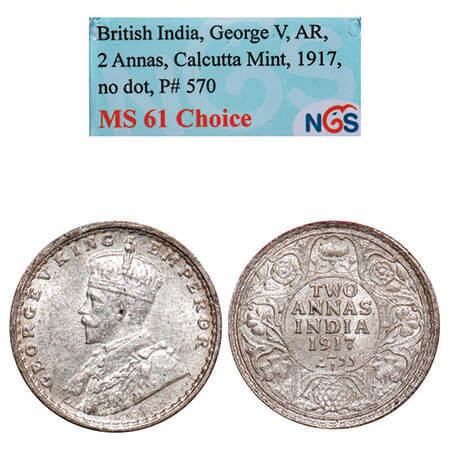 George V, Silver, 2 Annas, 1917, Calcutta Mint, No dot. F. Prid 570. GK 1117. NGS Slabbed 