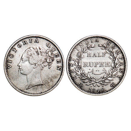 Victoria Queen, Silver, Half Rupee, 1840, CL, Calcutta Mint, B/I, Wreath 19 Berries (9L + 
