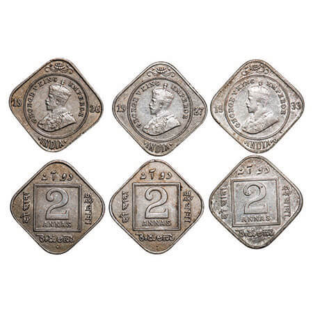 George V, Copper-Nickel, 2 Annas, (3 coins), 1) 1926, Bombay Mint, Dot, 2) 1927, Bombay Mi