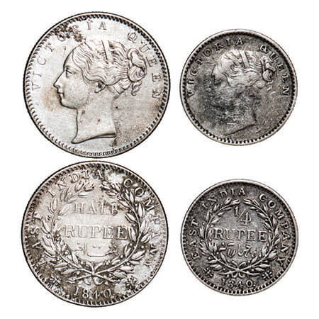 Victoria Queen, Silver, (2 coins), 1840, CL, 1) Half Rupee, Bombay Mint, A/I, English Head