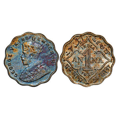 George V, Copper-Nickel, 1 Anna, 1930, Calcutta Mint, No dot, Die crack on Obv. F. Prid 93