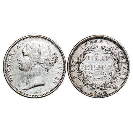Victoria Queen, Silver, Half Rupee, 1840, DL, Calcutta Mint, .W.W incused, Wreath with 24 