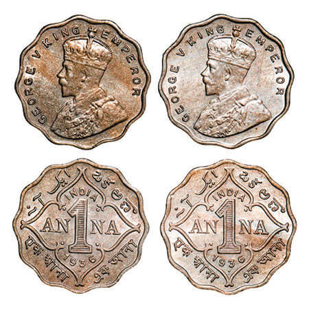George V, Copper-Nickel, 1 Anna, (2 coins), 1936, Bombay Mint, Dot, 1) Small dot, 2) Big d