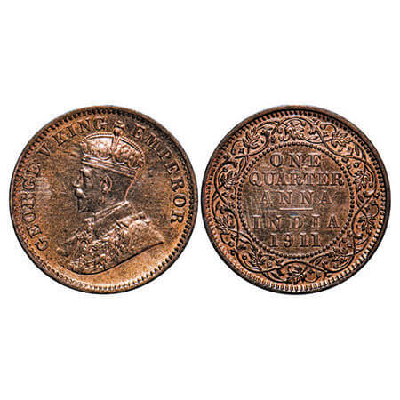 George V, Bronze, Quarter Anna, 1911, Calcutta Mint, No dot, Pig-Type. F. Prid 656. GK 117