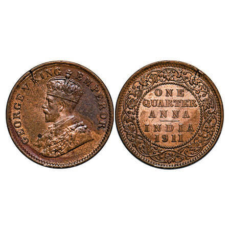 George V, Bronze, Quarter Anna, 1911, Calcutta Mint, No dot, Pig-Type, Planchate crack on 