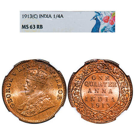 George V, Bronze, Quarter Anna, 1913, Calcutta Mint, No dot. F. Prid 659. GK 1173. NGC Sla