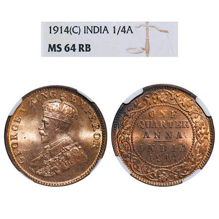 George V, Bronze, Quarter Anna, 1914, Calcutta Mint, No dot. F. Prid 660. GK 1174. NGC Sla