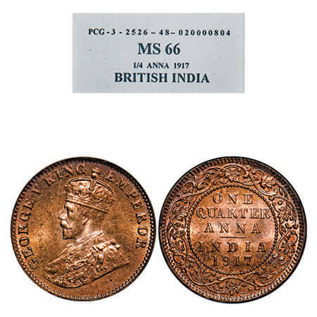George V, Bronze, Quarter Anna, 1917, Calcutta Mint, No dot. F. Prid 662. GK 1176. PCG Sla