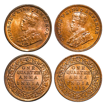 George V, Bronze, Quarter Anna, (2 coins) 1919, 1929, Calcutta Mint, No dot. F. Prid 664, 