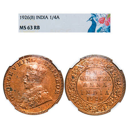 George V, Bronze, Quarter Anna, 1926, Bombay Mint, Dot. F. Prid 679. GK 1183. NGC Slabbed 