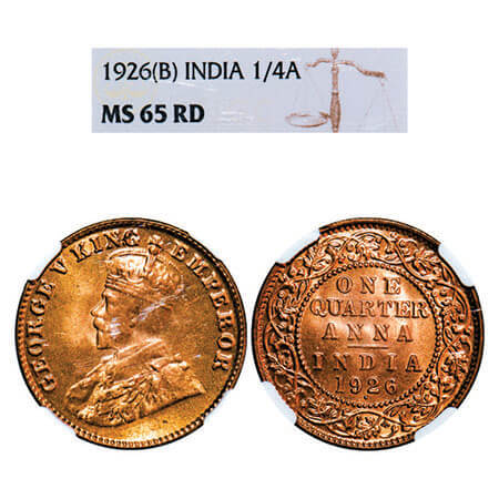 George V, Bronze, Quarter Anna, 1926, Bombay Mint, Dot. F. Prid 679. GK 1183. NGC Slabbed 