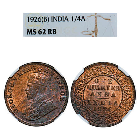George V, Bronze, Quarter Anna, 1926, Bombay Mint, Dot. F. Prid 679. GK 1183. NGC Slabbed 