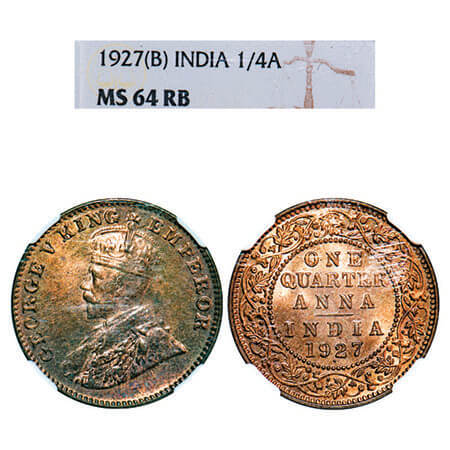 George V, Bronze, Quarter Anna, 1927, Bombay Mint, Dot. F. Prid 680. GK 1185. NGC Slabbed 