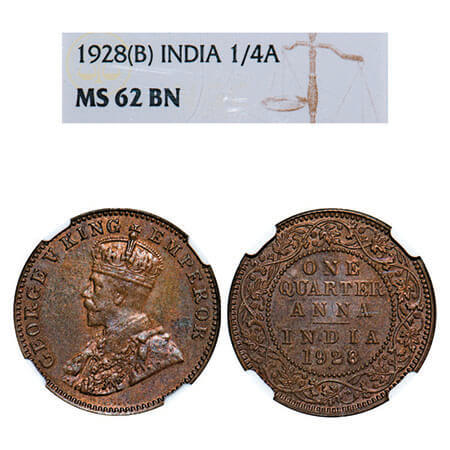 George V, Bronze, Quarter Anna, 1928, Bombay Mint, Dot. F. Prid 681. GK 1187. NGC Slabbed