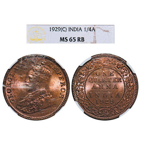 George V, Bronze, Quarter Anna, 1929, Calcutta Mint, No dot. F. Prid 670. GK 1189. NGC Sla