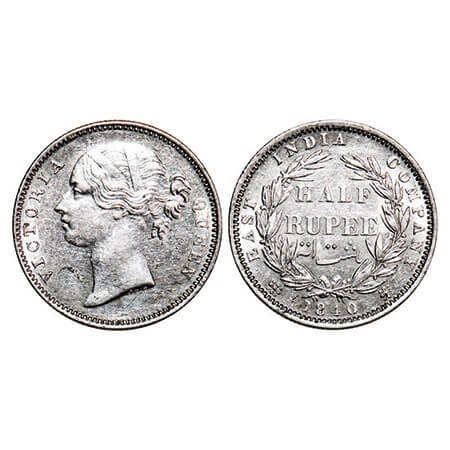 Victoria Queen, Silver, Half Rupee, 1840, DL, Madras Mint, ‘B’ raised, W.W incused, Wreath