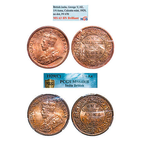 George V, Bronze, Quarter Anna, (2 slabs), 1929, Calcutta Mint, No dot. F. Prid 670(2). GK