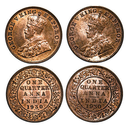 George V, Bronze, Quarter Anna, 1930, (2 coins), Bombay Mint, Dot, 1) Normal numeral date,