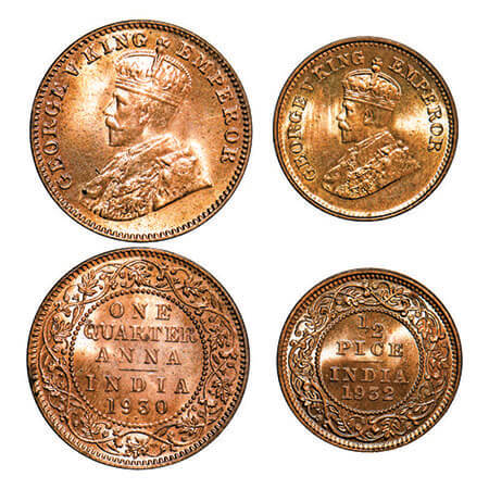 George V, Bronze, (2 coins), 1) Quarter Anna, 1930, Bombay Mint, Dot, Year date numerals h