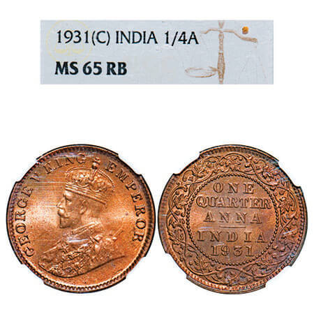 George V, Bronze, Quarter Anna, 1931, Calcutta Mint, No dot. F. Prid. GK 1192. NGC Slabbed