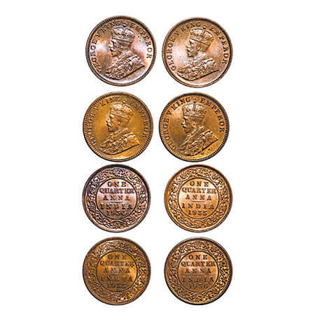 George V, Bronze, Quarter Anna, (4 coins), 1934, 1935(2), 1936, Calcutta Mint, No dot. F. 