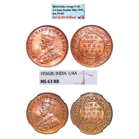 George V, Bronze, Quarter Anna, (2 slabs), 1936, Bombay Mint, Dot. F. Prid 683(2). GK 1196