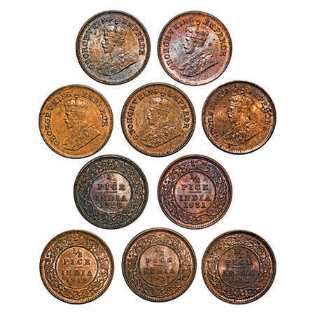 George V, bronze, 1/2 Pice, (lot of 5 coins), 1912, 1927, 1928, 1931, 1933, Calcutta Mint,