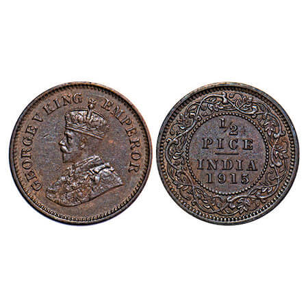 George V, Bronze, 1/2 Pice, 1915, Calcutta Mint, No mint mark. F. Prid 748. GK 1201. Almos