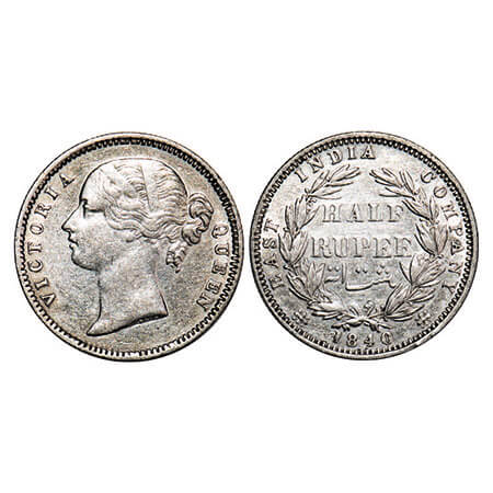 Victoria Queen, Silver, Half Rupee, 1840, DL, Madras Mint, ‘B’ raised, W.W incused, Wreath