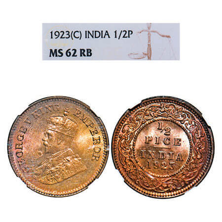 George V, Bronze, 1/2 Pice, 1923, Calcutta Mint, No mint mark. F. Prid 833. GK 1209. NGC S