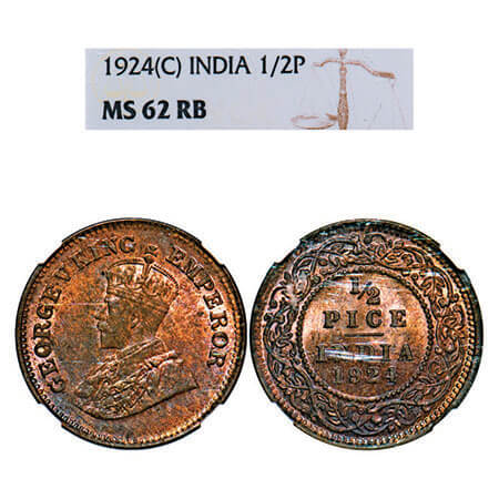 George V, Bronze, 1/2 Pice, 1924, Calcutta Mint, No mint mark. F. Prid 757. GK 1210. NGC S