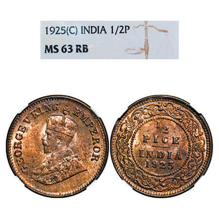 George V, Bronze, 1/2 Pice, 1925, Calcutta Mint, No mint mark. F. Prid 758. GK 1211. NGC S