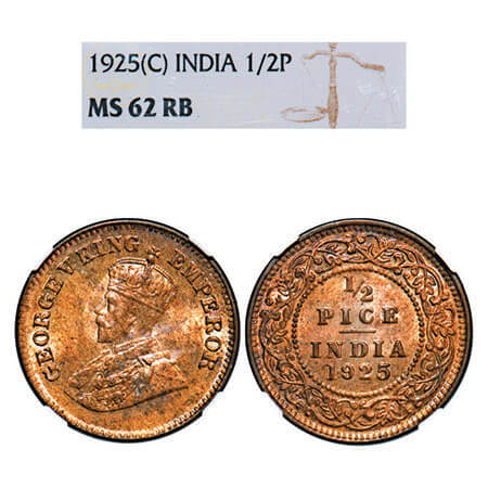 George V, Bronze, 1/2 Pice, 1925, Calcutta Mint, No mint mark. F. Prid 758. GK 1211. NGC S