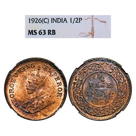 George V, Bronze, 1/2 Pice, 1926, Calcutta Mint, No mint mark. F. Prid 759. GK 1212. NGC S