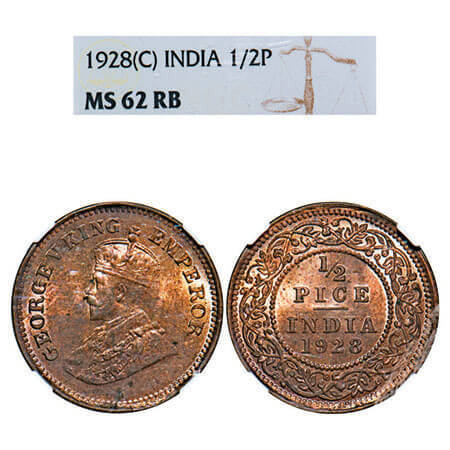George V, Bronze, 1/2 Pice, 1928, Calcutta Mint, No mint mark. F. Prid 761. GK 1214. NGC S