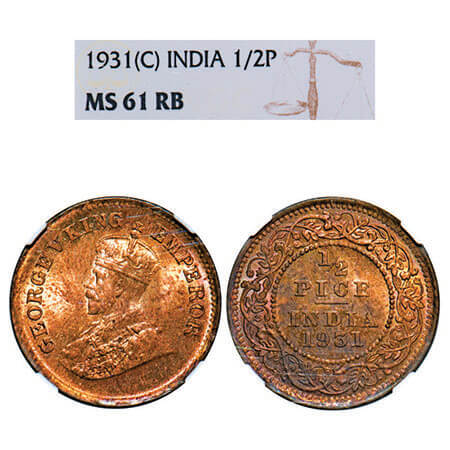 George V, Bronze, 1/2 Pice, 1931, Calcutta Mint, No mint mark. F. Prid 764. GK 1217. NGC S