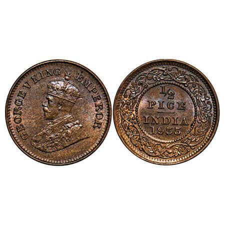 George V, Bronze, 1/2 Pice, 1935, Calcutta Mint, No mint mark. F. Prid 768. GK 1221. Brill