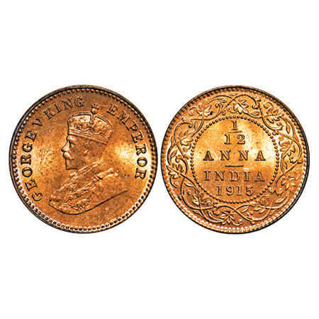 George V, Bronze, 1/12 Anna, 1915, Calcutta Mint, No dot. F. Prid 830. GK 1226. Mint State