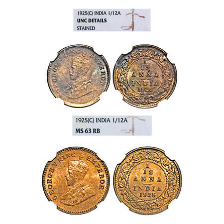 George V, Bronze, 1/12 Anna, (2 slabs), 1925, Calcutta Mint, No dot. F. Prid 839(2). GK 12