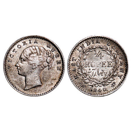 Victoria Queen, Silver, 1/4 Rupee, 1840, CL, Calcutta Mint, A/I, Wreath with 20 Berries (1