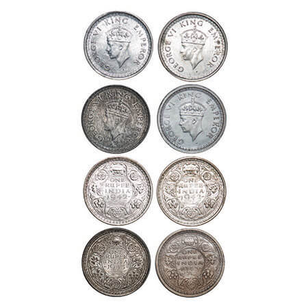 George VI, Half Silver, Rupee, (4 coins), 1) 1942, Bombay Mint, B/II, Diamond, Security ed