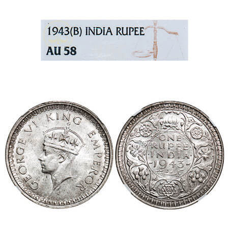 George VI, Half Silver, Rupee, 1943, Bombay Mint, B(a)/II, Diamond, Security edge, Large 3