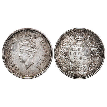 George VI, Half Silver, Rupee, 1943, Bombay Mint, B(a)/II, Diamond mint mark, Security edg