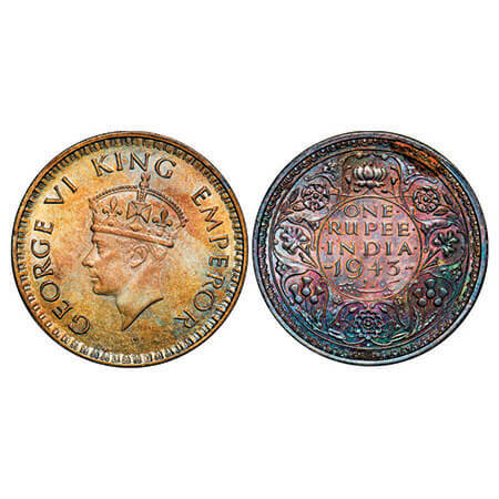 George VI, Half Silver, Rupee, 1943, Bombay Mint, A(b)/II, Diamond, Security edge, Small 3